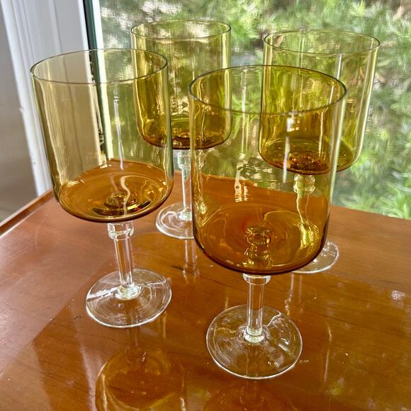 Vintage Amber Stemmed Glasses Set of 4 – Mid-Century Modern Cylindrical Goblets - Picture 13 of 16